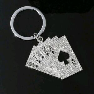 Sparkling Silver Rhinestones Playing Cards Keychain Spades Poker Key Ring Holder